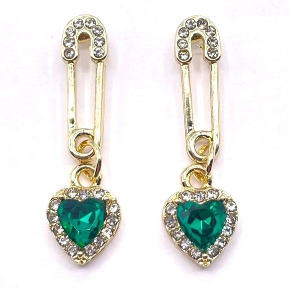 Yellow Gold with Green and White Crystal Safety Pin and Heart Post Back Earrings - Picture 1 of 7